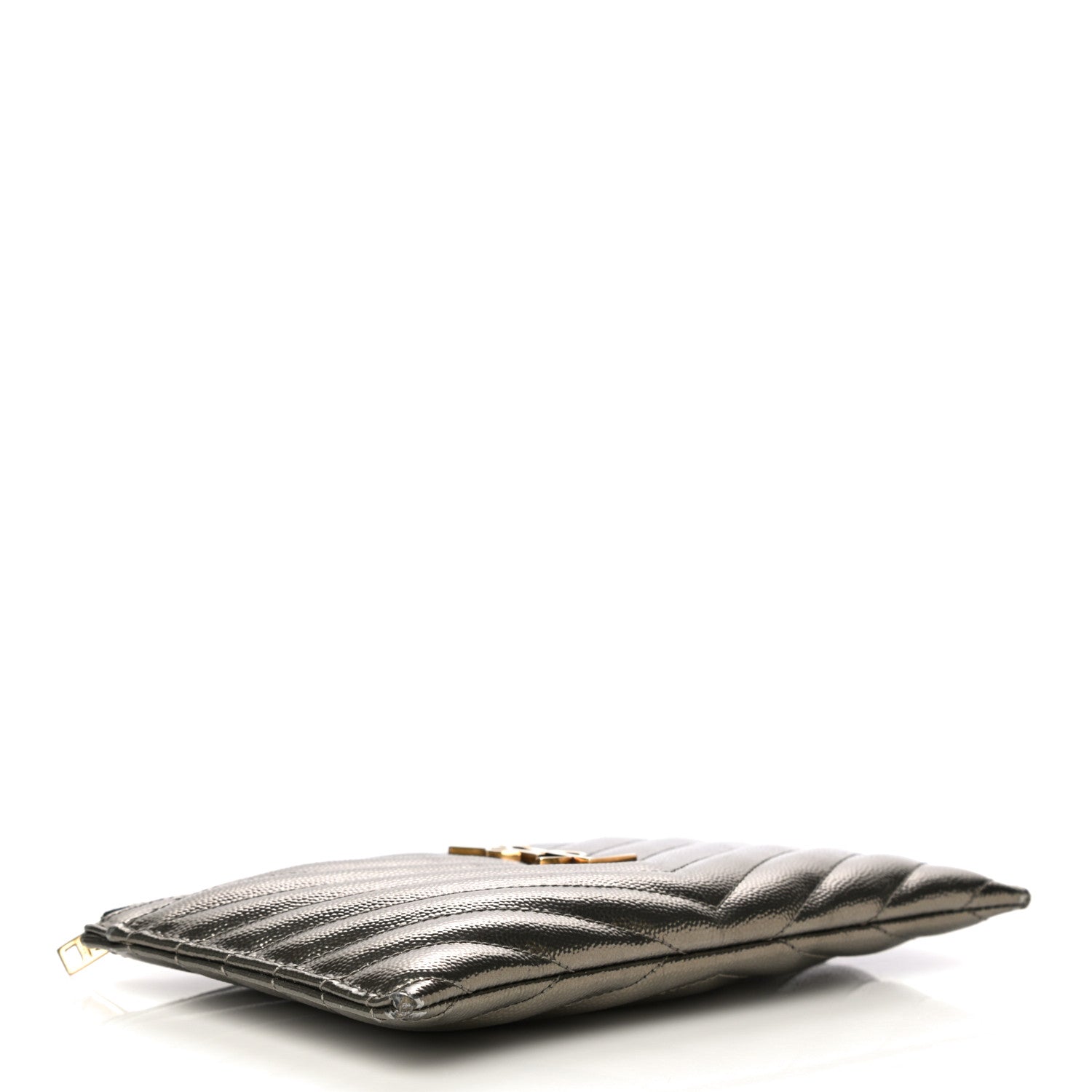 Saint Laurent Metallic Grain De Poudre Matelasse Chevron Monogram Bill Pouch Piombo 4 of 17