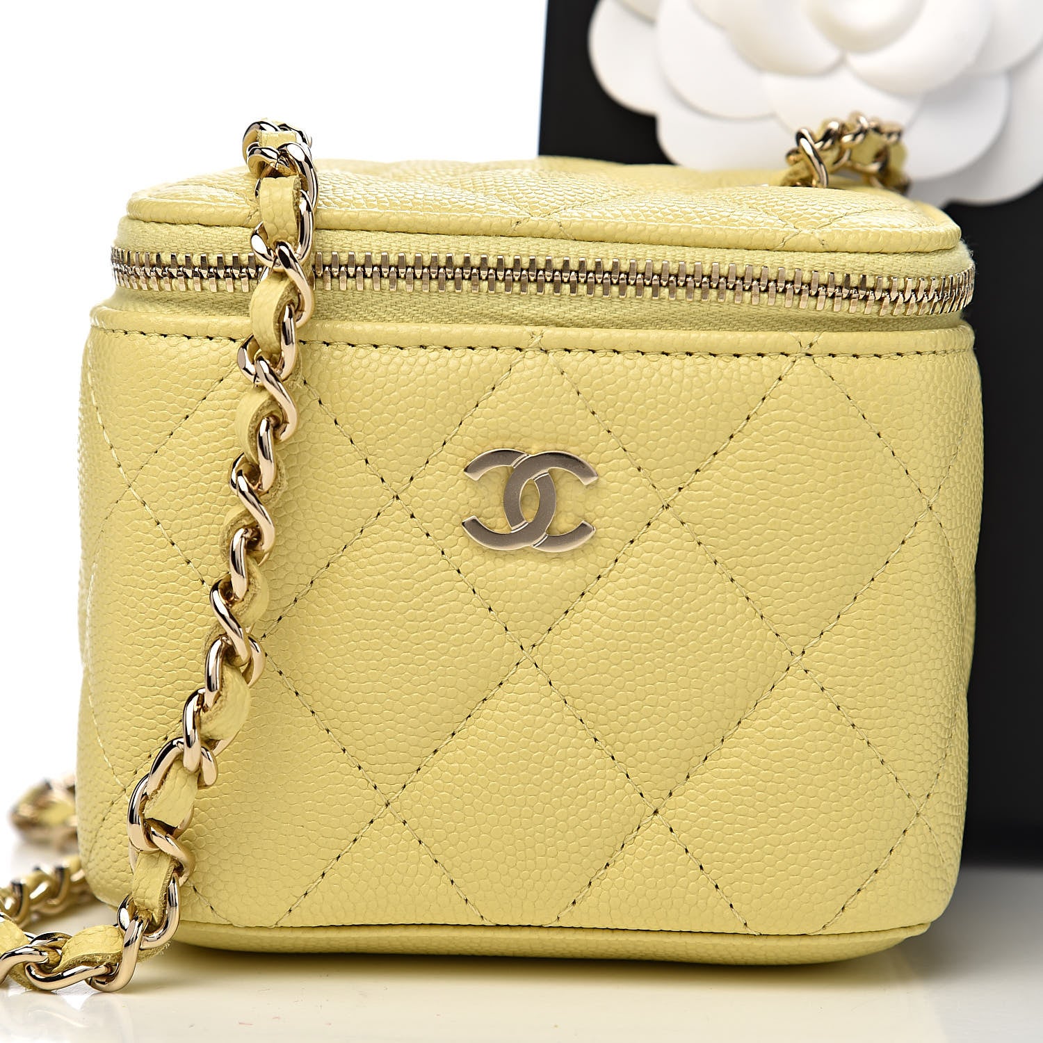 Chanel Caviar Quilted Mini Vanity Case With Chain Light Yellow 10 of 11