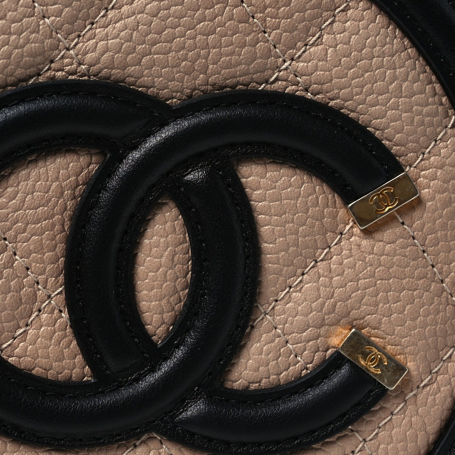 Caviar Quilted Round Filigree Crossbody Beige Black