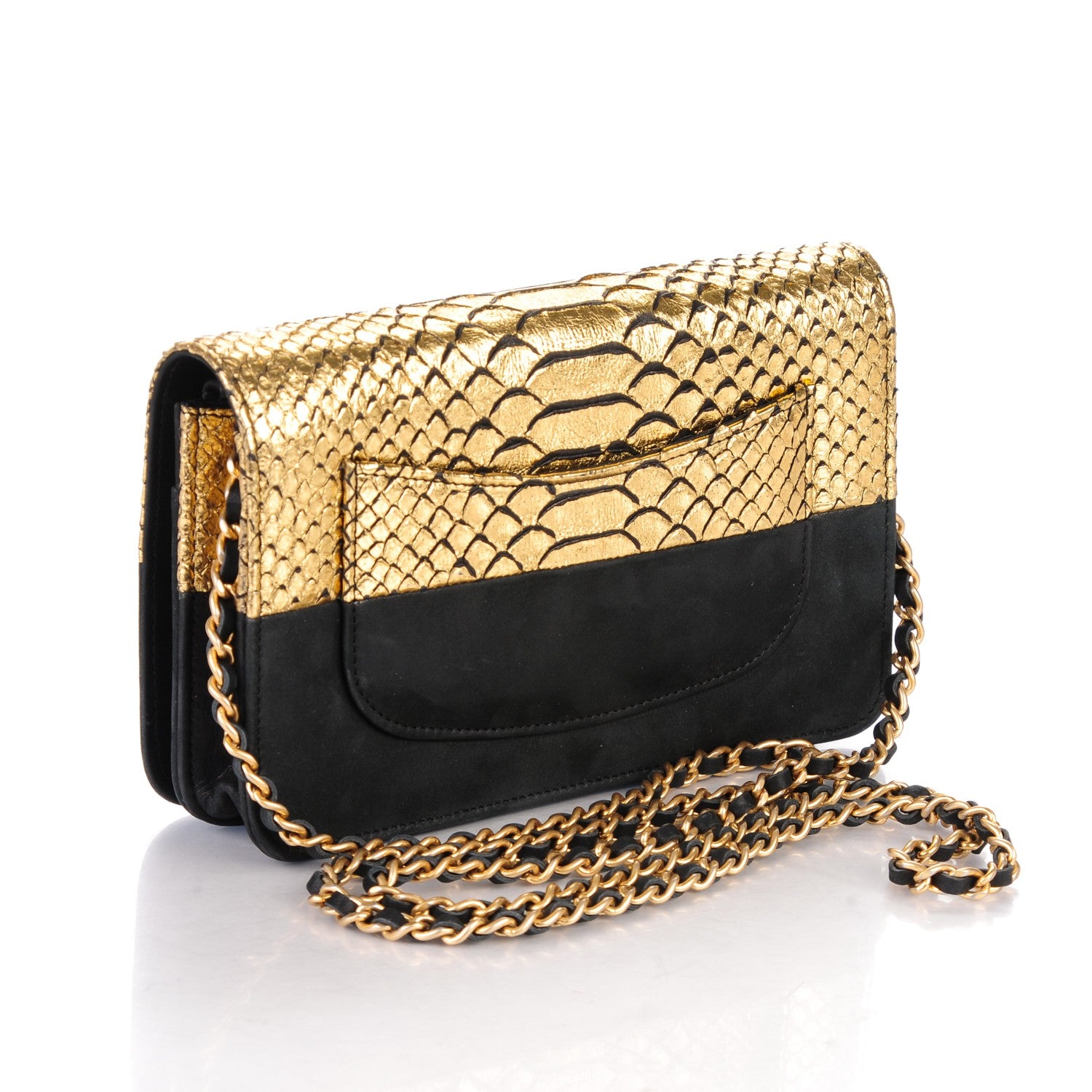 Chanel Python Iridescent Calfskin Wallet On Chain WOC Gold Black 3 of 8
