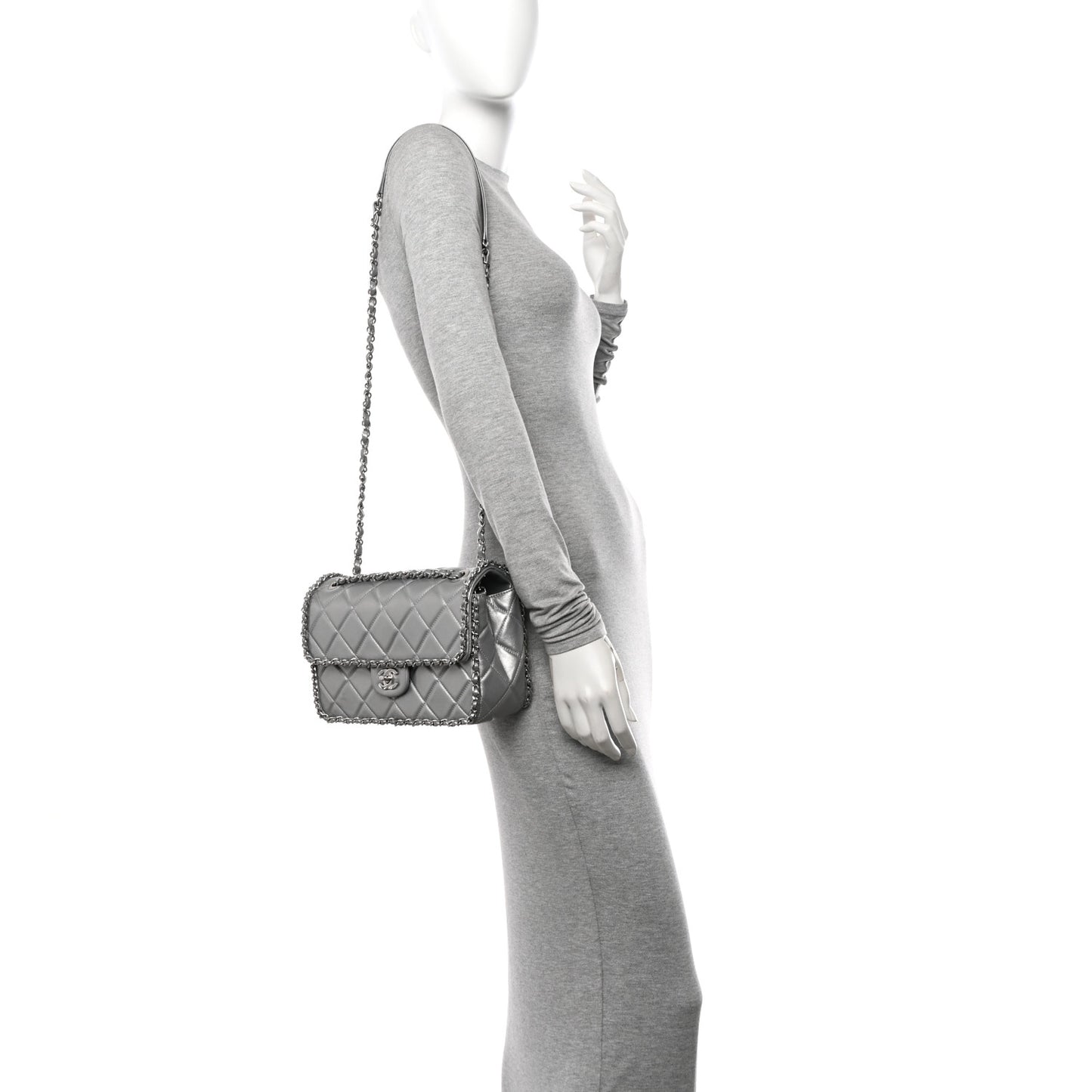 Metallic Lambskin Medium Chain All Over Flap Silver