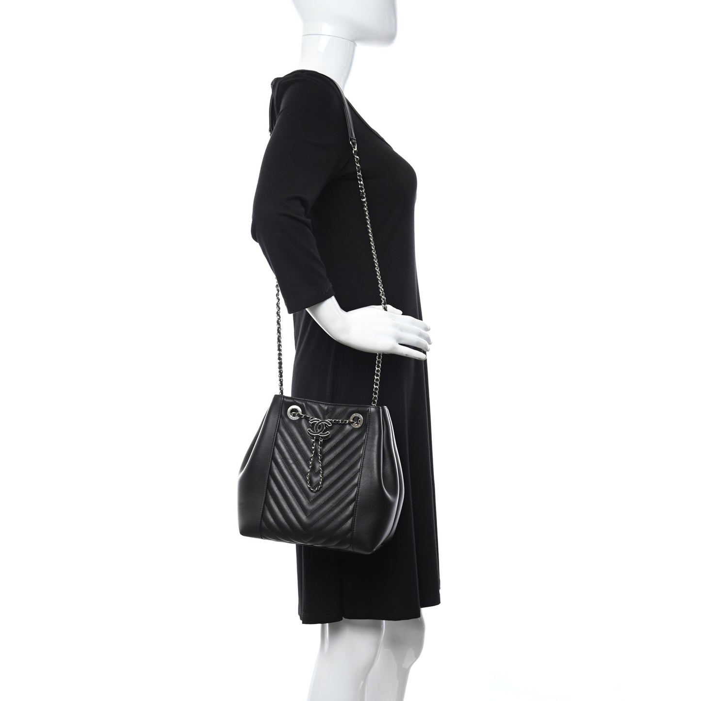 Calfskin Chevron Quilted Small CC Chain Bucket Drawstring Bag Black