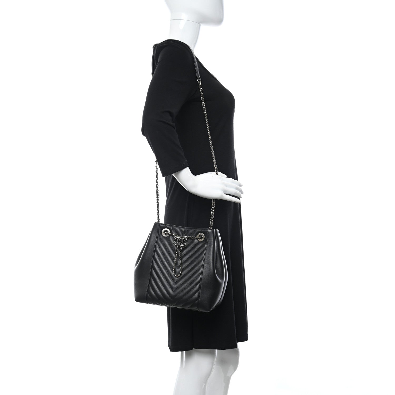 Chanel Calfskin Chevron Quilted Small CC Chain Bucket Drawstring Bag Black 2 of 10