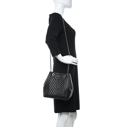 Chanel Calfskin Chevron Quilted Small CC Chain Bucket Drawstring Bag Black 2 of 10