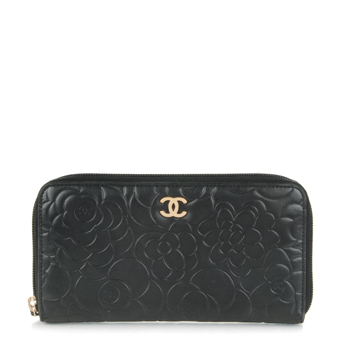 Lambskin Camellia Embossed Large Zip Around Gusset Wallet Black