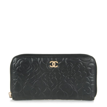 Chanel Lambskin Camellia Embossed Large Zip Around Gusset Wallet Black 1 of 13