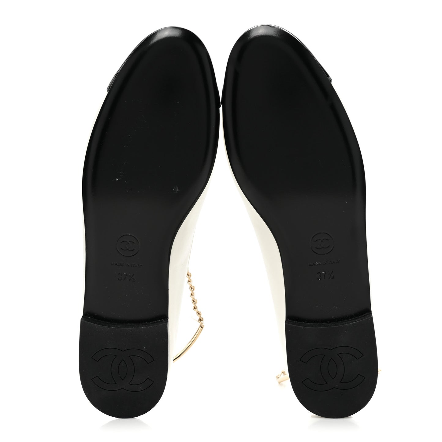 Lambskin Patent Calfskin Cap Toe Ankle Chain Ballerina Flats 37.5 White Black