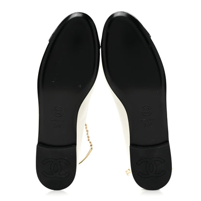 Chanel Lambskin Patent Calfskin Cap Toe Ankle Chain Ballerina Flats 37.5 White Black 5 of 9