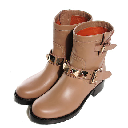 Valentino Garavani Calfskin Lock Studded Biker Boots 36.5 Beige 3 of 8