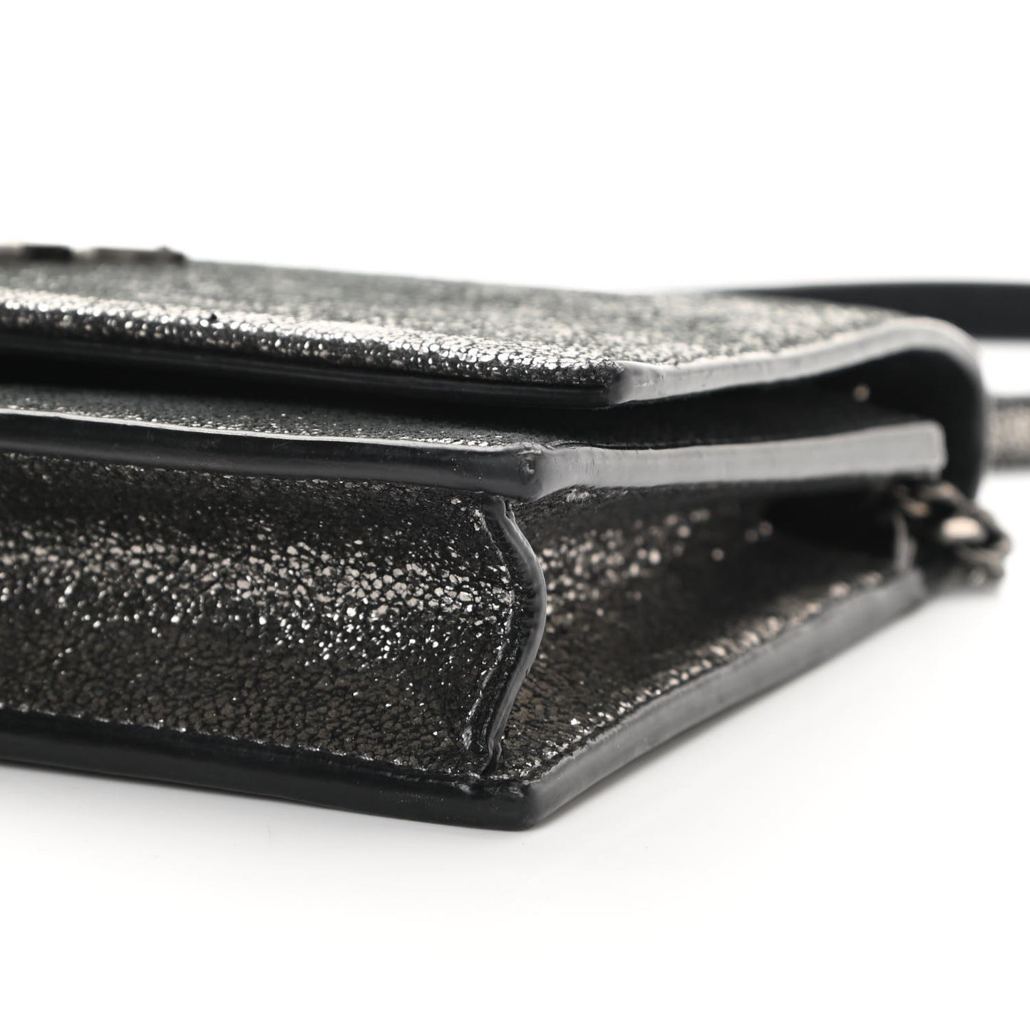 Metallic Calfskin Classic Monogram Kate Tassel Chain Wallet Gun Metal