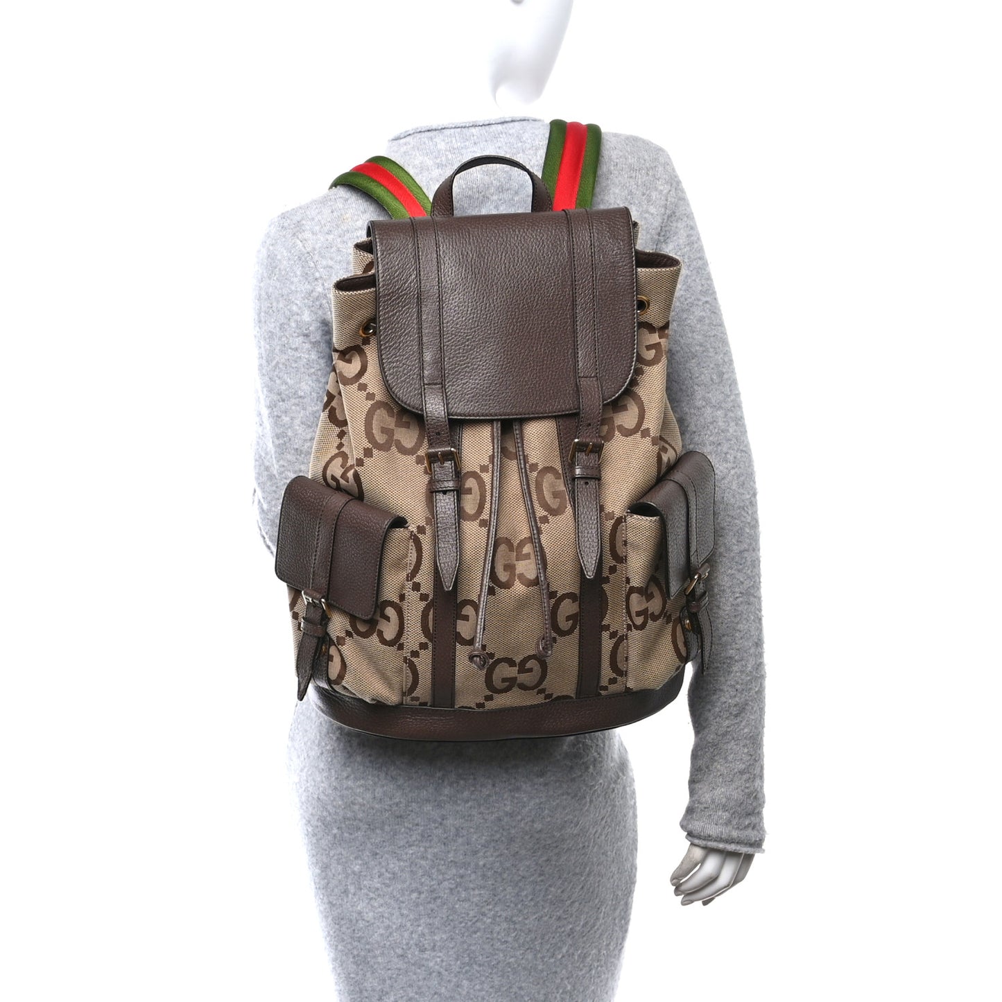 Monogram Jumbo GG Textured Dollar Calfskin Web Double Buckle Backpack Camel Ebony New Acero