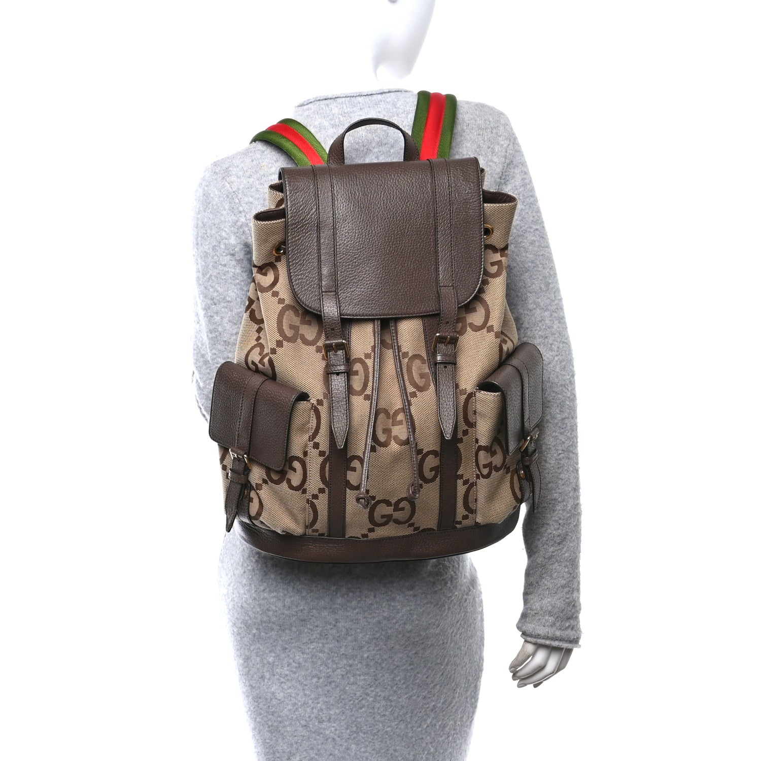 Gucci Monogram Jumbo GG Textured Dollar Calfskin Web Double Buckle Backpack Camel Ebony New Acero 3 of 9