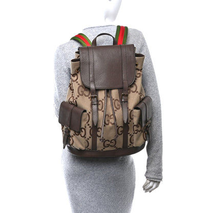 Gucci Monogram Jumbo GG Textured Dollar Calfskin Web Double Buckle Backpack Camel Ebony New Acero 3 of 9