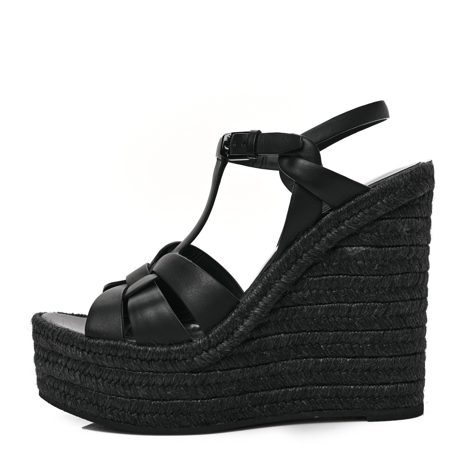 Saint Laurent Calfskin Tribute 95 Platform Espadrille Wedge Sandals 37 Black 1 of 6