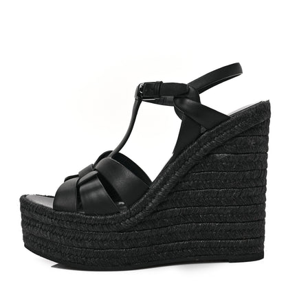 Saint Laurent Calfskin Tribute 95 Platform Espadrille Wedge Sandals 37 Black 1 of 6