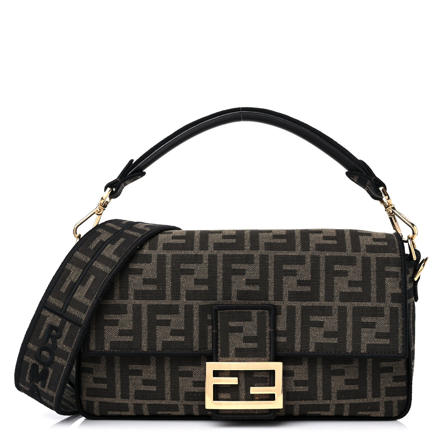 Fendi Fabric Jacquard FF 1974 Medium Baguette Tobacco Moro Black 1 of 9