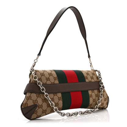 Gucci Monogram Textured Dollar Calfskin Heavy Grosgrain Web Medium Maxi Horsebit Chain Shoulder Bag Beige Ebony New Acero 4 of 11