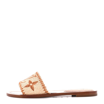Louis Vuitton Raffia Calfskin Monogram Lock It Flat Mules 36.5 Cognac Brown 1 of 9