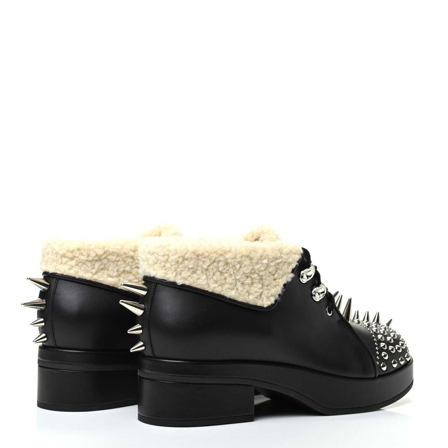 Calfskin Faux Shearling Studded Victor Ankle Boots 38.5 Black Mystic White
