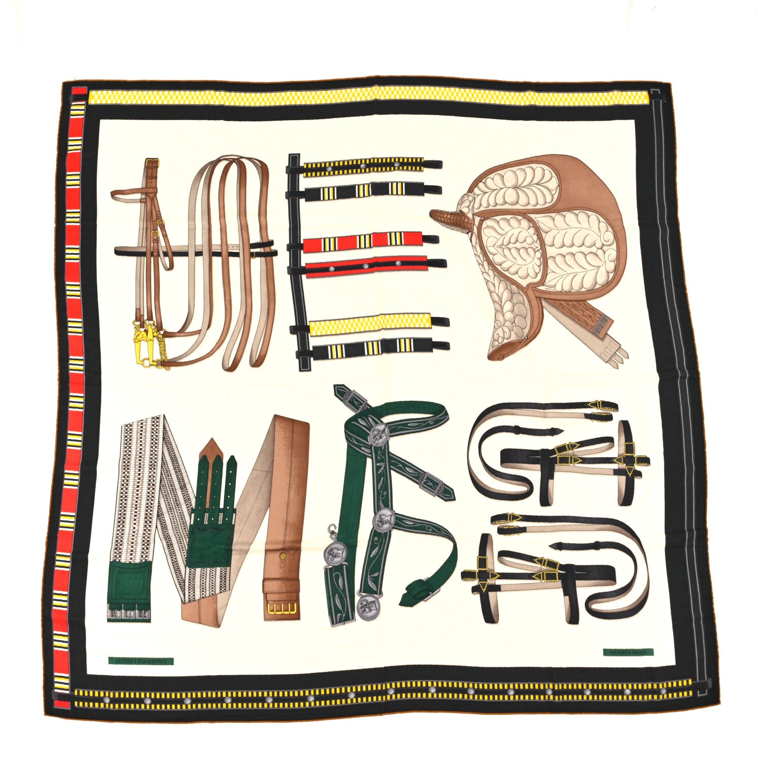 Hermes Cashmere Silk Lettres Equestres Shawl 140 White Vert Rouge 1 of 4