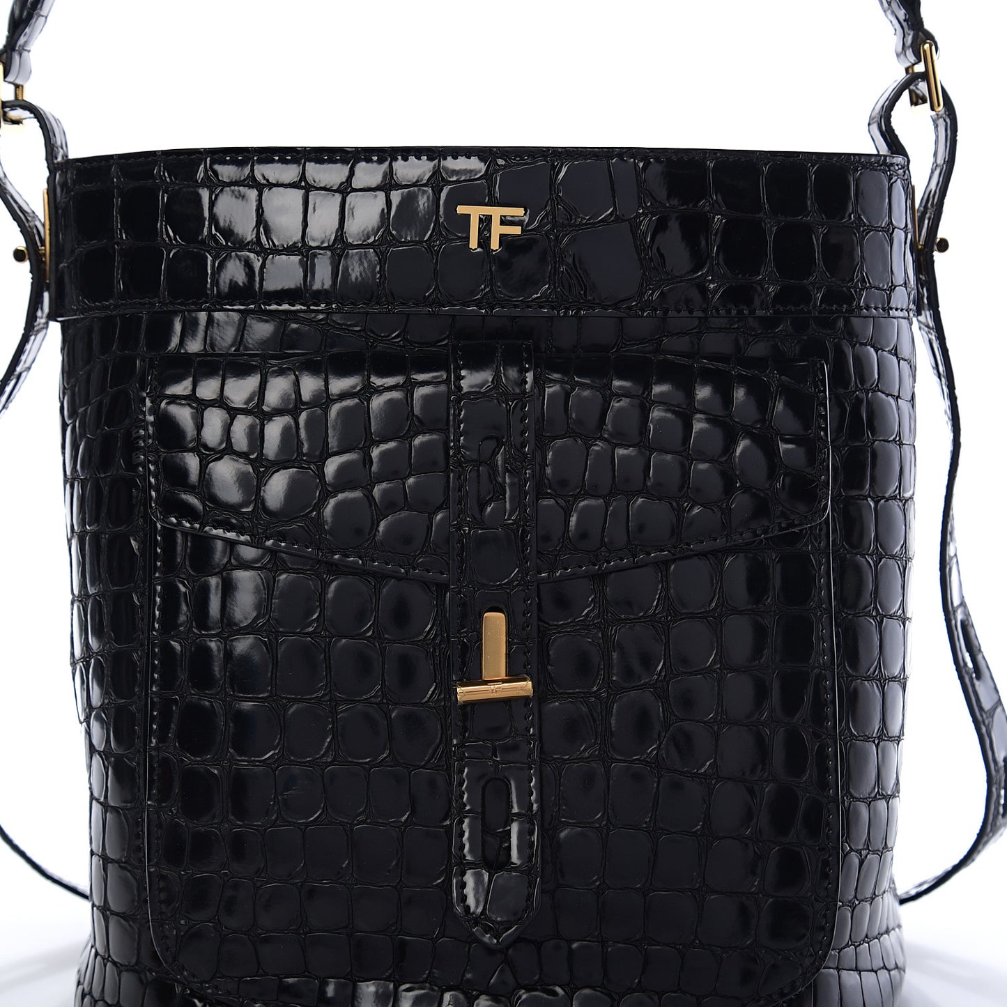 Calfskin Crocodile Embossed Bucket Bag Black