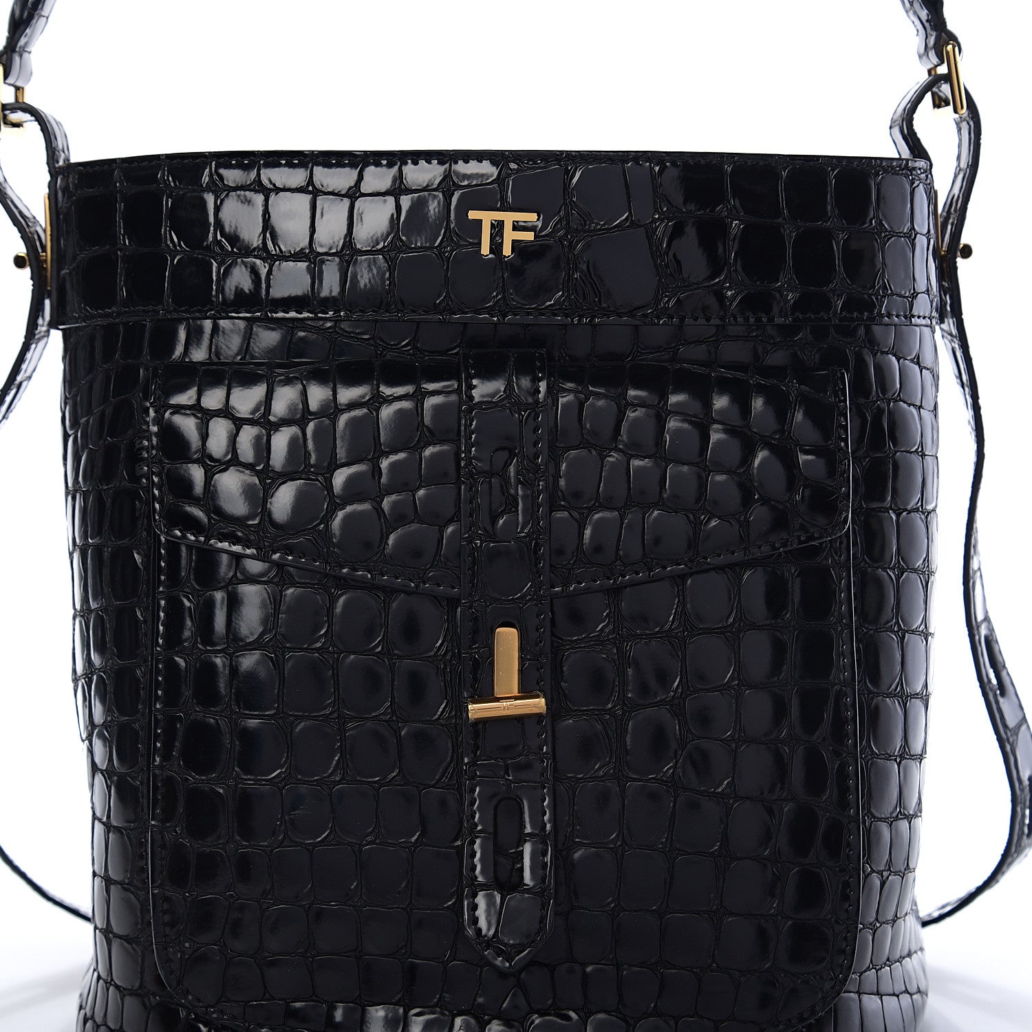 Tom Ford Calfskin Crocodile Embossed Bucket Bag Black 6 of 8