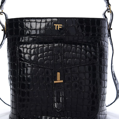 Tom Ford Calfskin Crocodile Embossed Bucket Bag Black 6 of 8