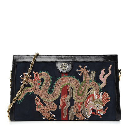 Gucci Suede Patent Web Dragon Embroidered Medium Ophidia Chain Shoulder Bag Blue Multicolor Black 1 of 10