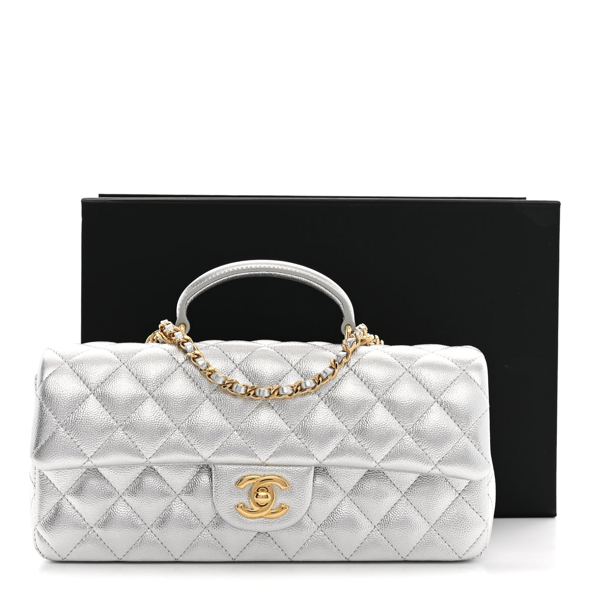 Metallic Caviar Quilted Top Handle East West Flap Silver