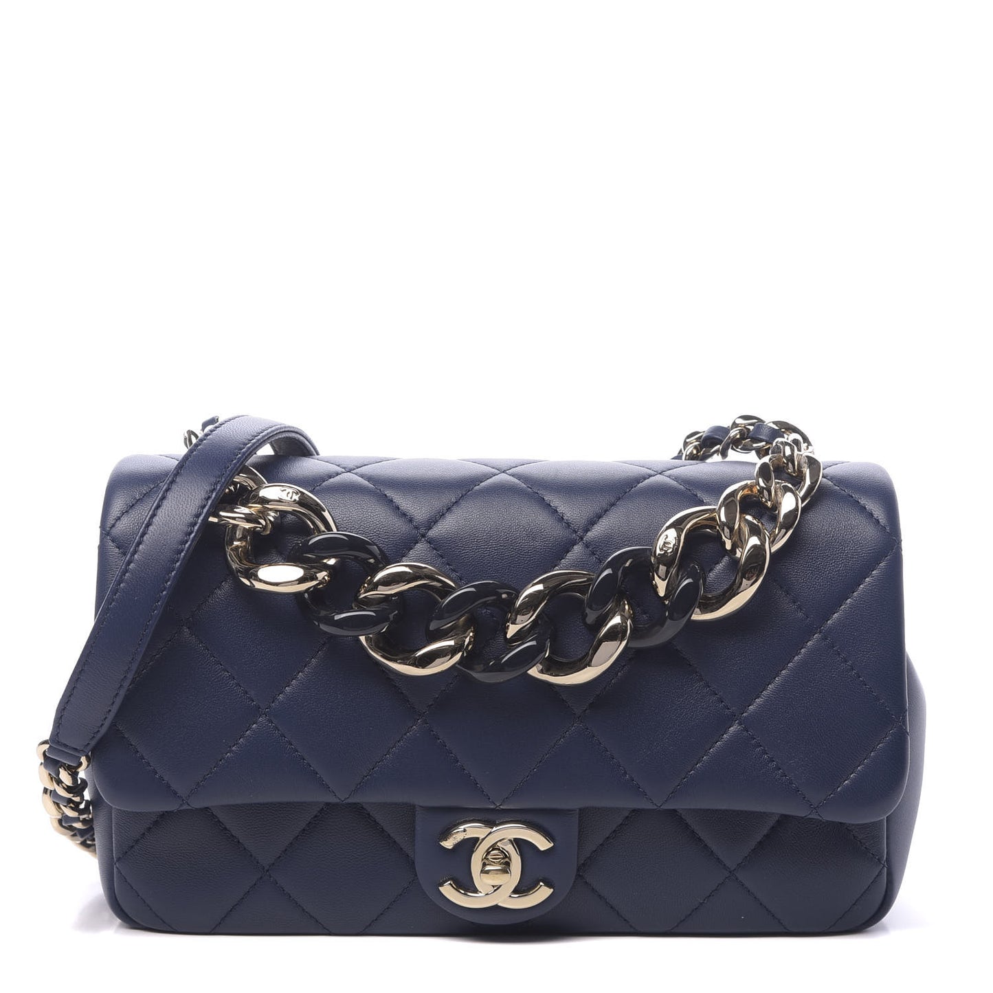 Lambskin Quilted Resin Bi-Color Chain Flap Bag Navy