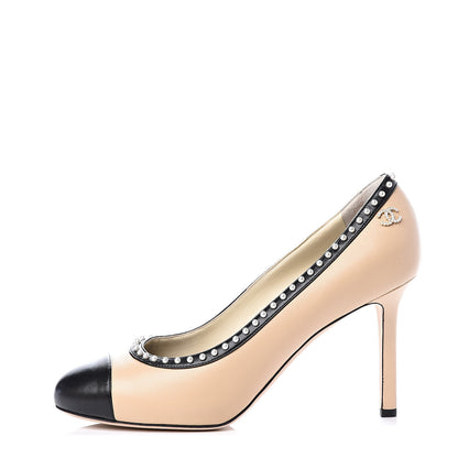 Chanel Lambskin Pearl Cap Toe Pumps 40 Beige Black 1 of 12
