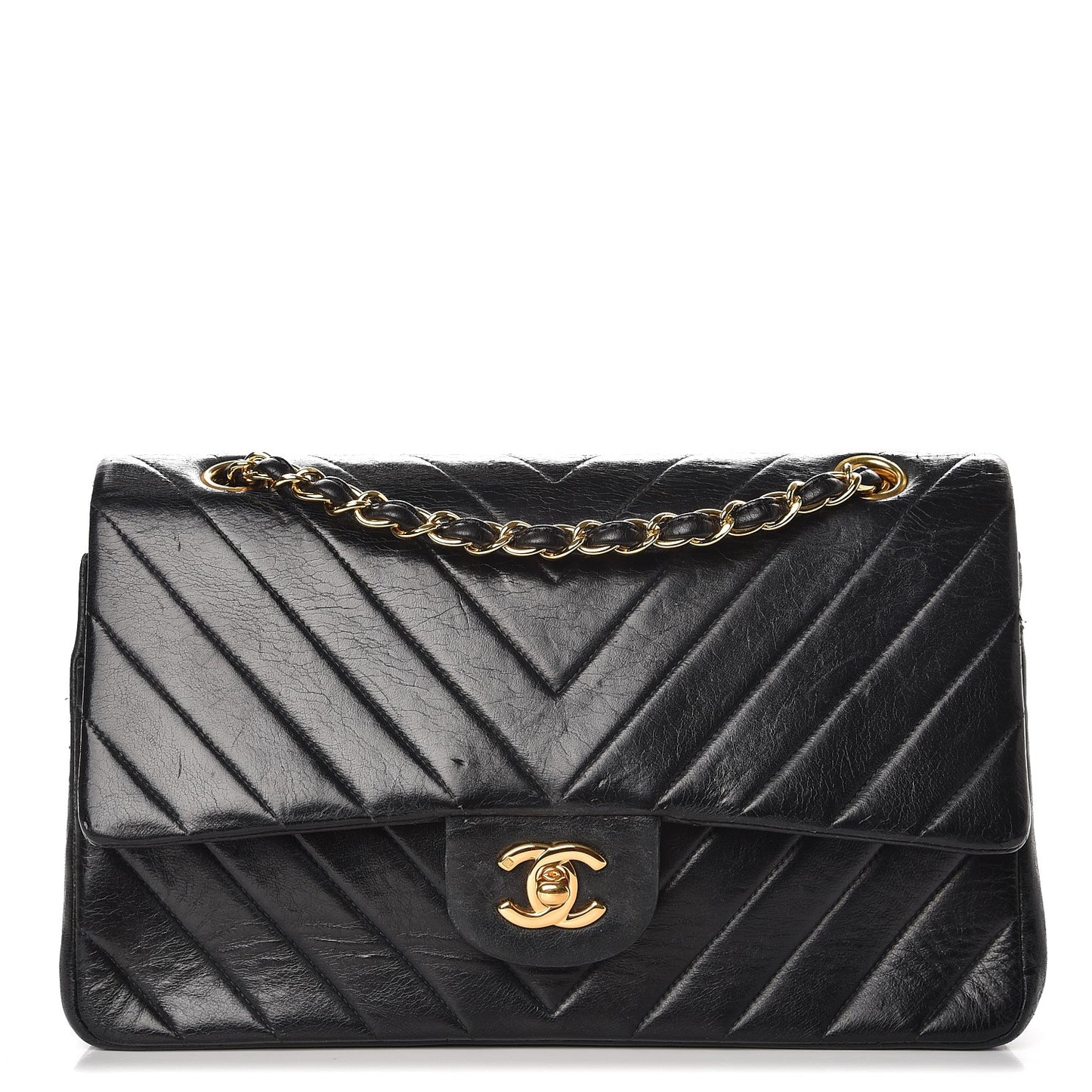 Lambskin Chevron Quilted Medium Double Flap Black