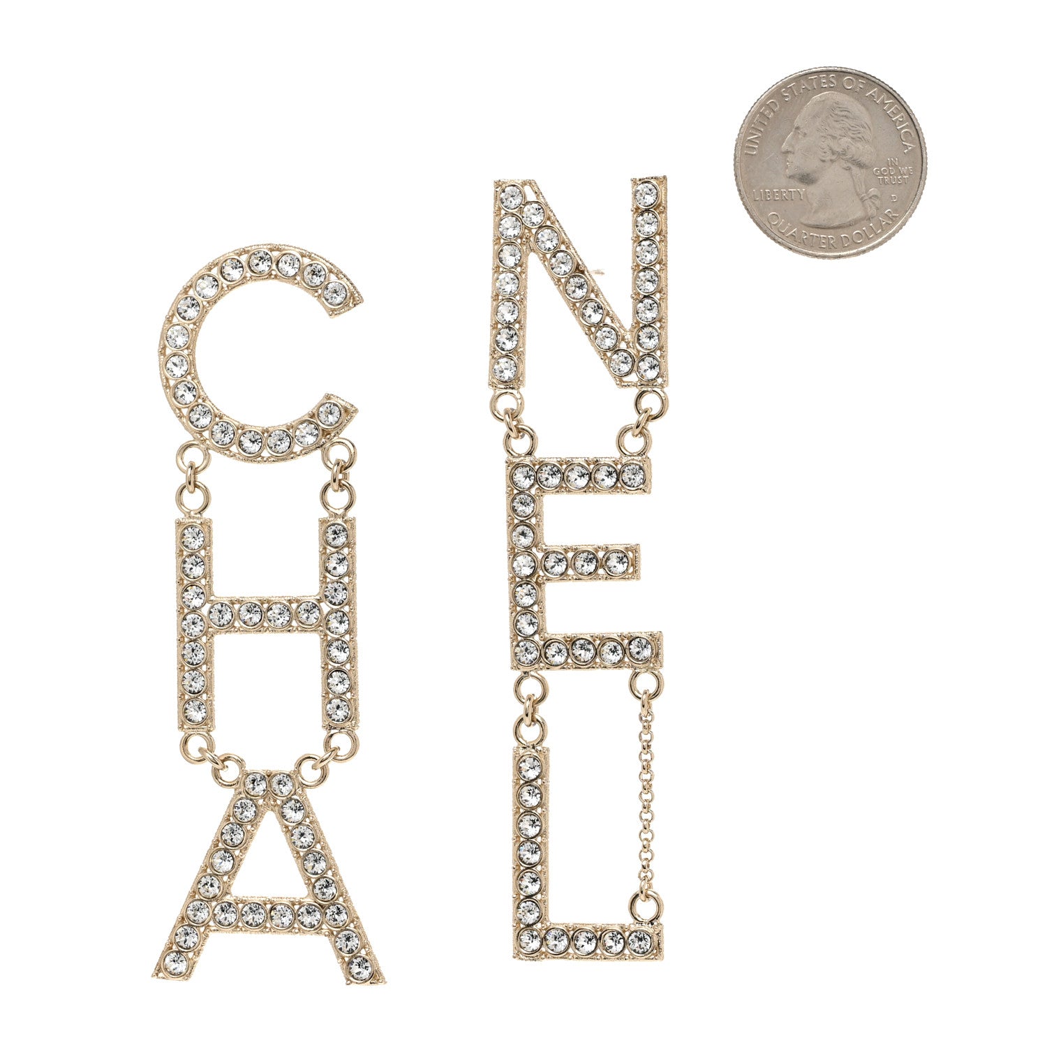 Chanel Crystal Cha-Nel Logo Drop Earrings Gold 2 of 5