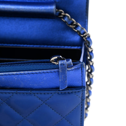 Chanel Metallic Patent Calfskin Quilted Boy Wallet On Chain WOC Blue 9 of 16