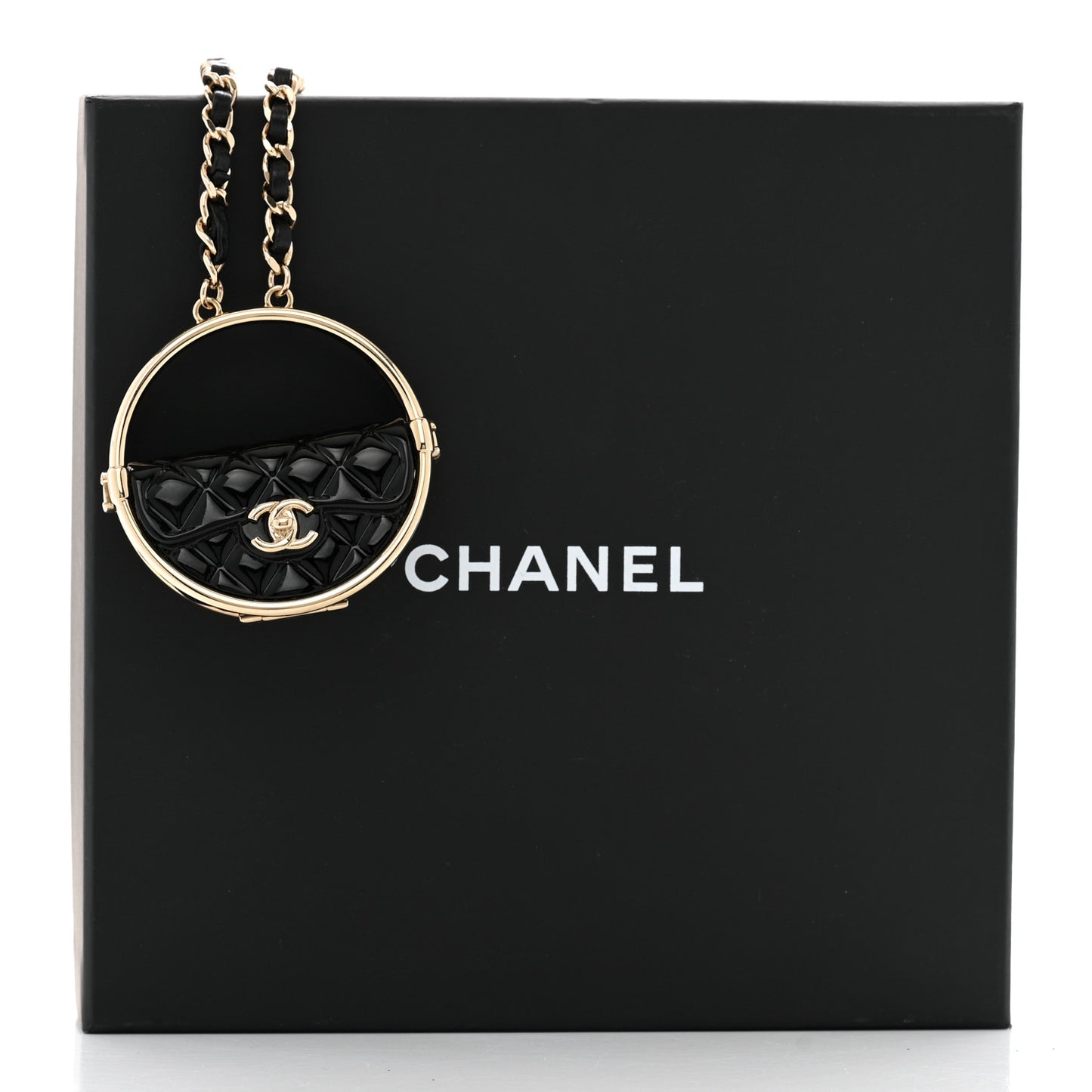 Metal Resin Quilted Flap Bag Hoop Mirror Necklace Black Gold