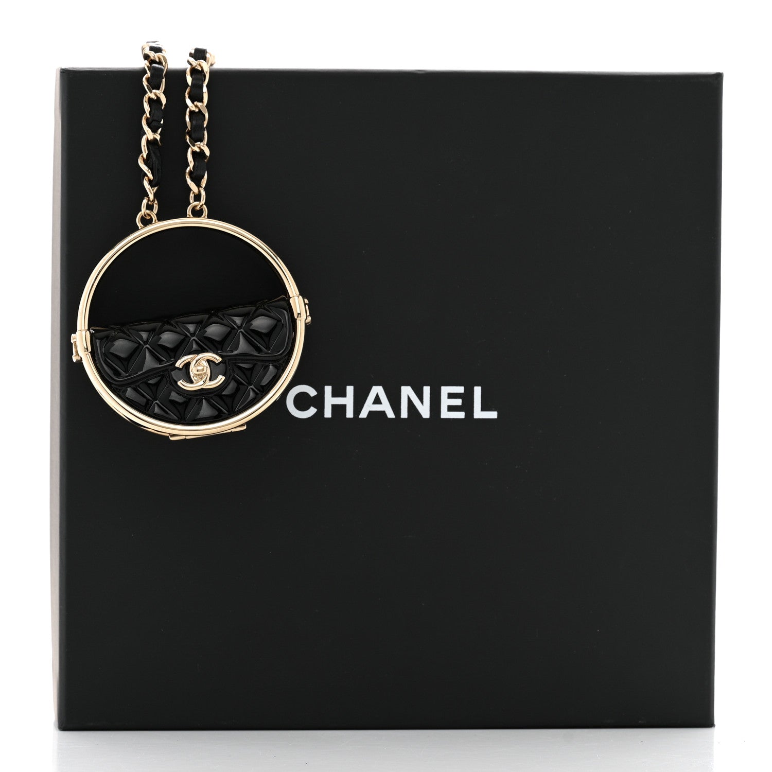 Chanel Metal Resin Quilted Flap Bag Hoop Mirror Necklace Black Gold 7 of 7