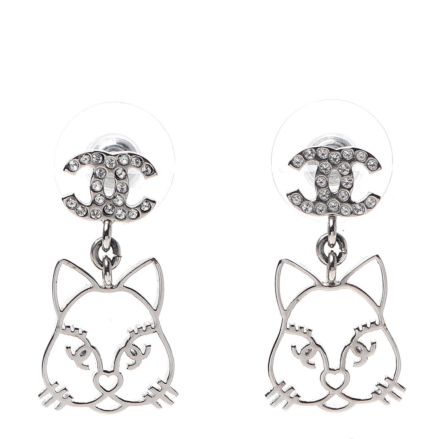 Crystal Emoji Choupette Cat CC Earrings Silver