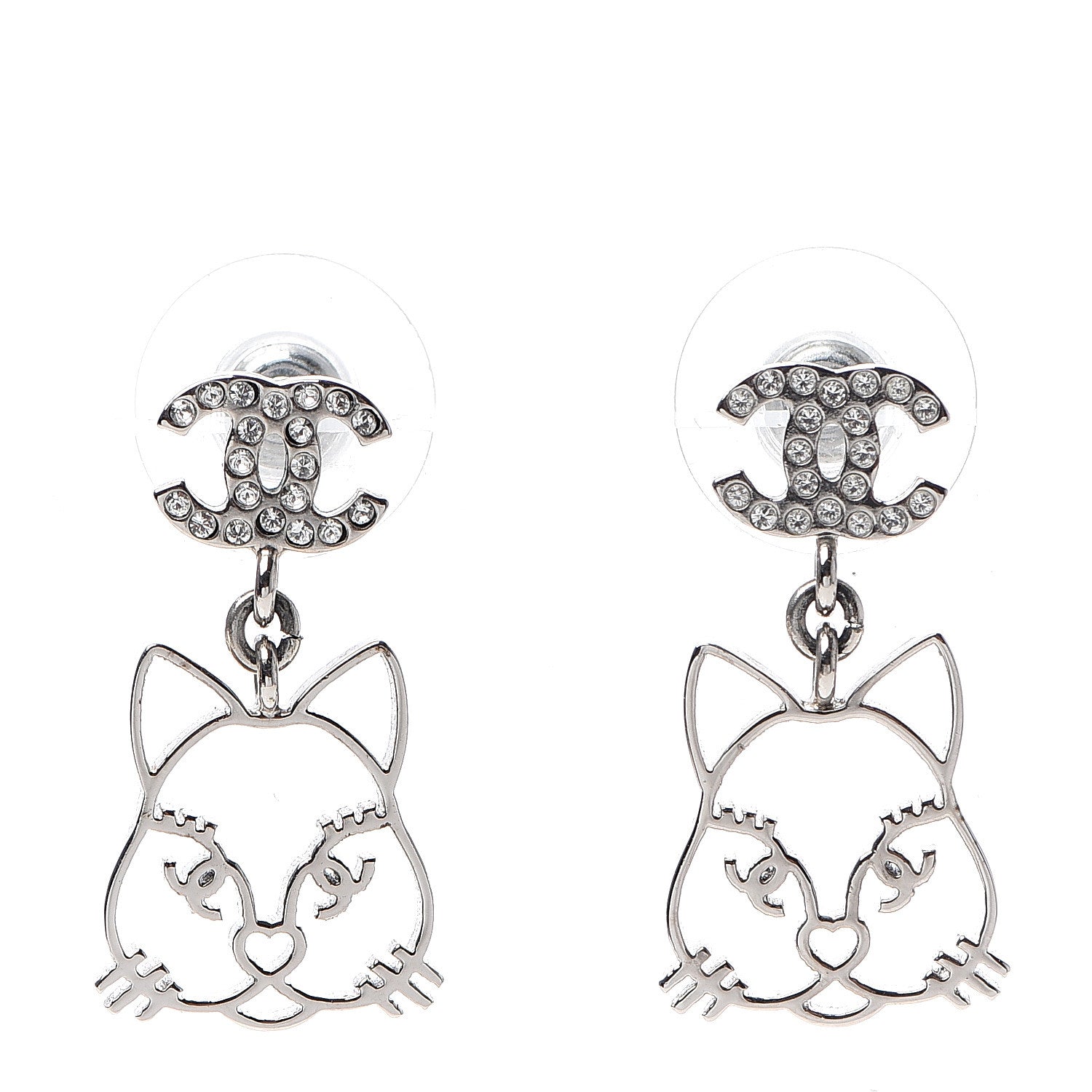 Chanel Crystal Emoji Choupette Cat CC Earrings Silver 1 of 5