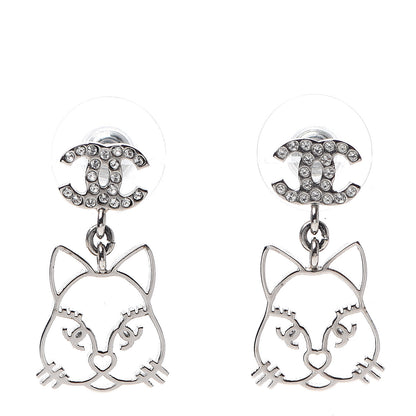Chanel Crystal Emoji Choupette Cat CC Earrings Silver 1 of 5