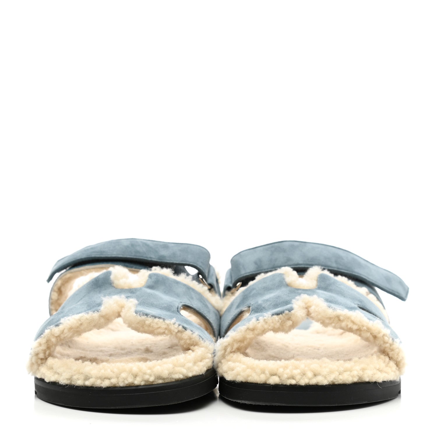 Hermes Suede Goatskin Woolskin Womens Chypre Sandals 40.5 Bleu Pinede Ecru 2 of 9