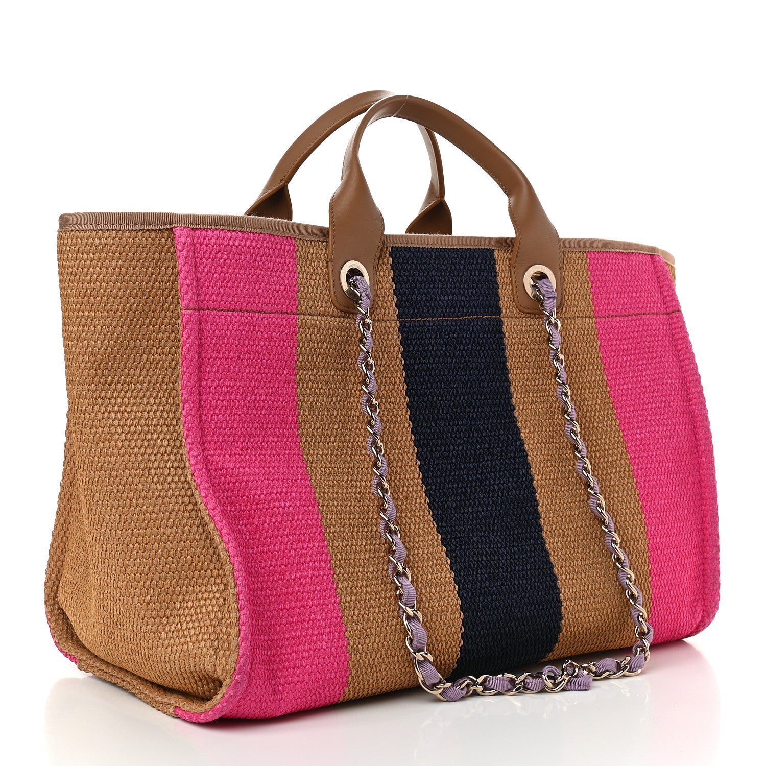 Chanel Straw Raffia Calfskin Striped Medium Deauville Tote Dark Beige Fuchsia Navy Blue 3 of 9
