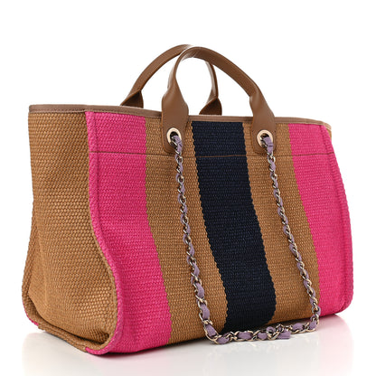 Chanel Straw Raffia Calfskin Striped Medium Deauville Tote Dark Beige Fuchsia Navy Blue 3 of 9