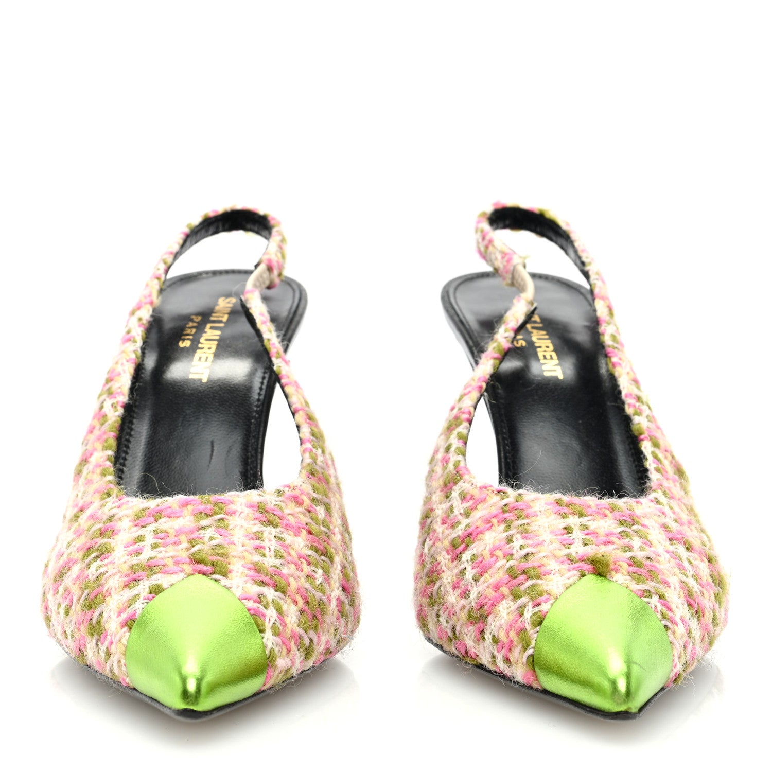 Saint Laurent Tweed Cap Toe Vesper Slingback Pumps 38 Absynth Rose 2 of 7