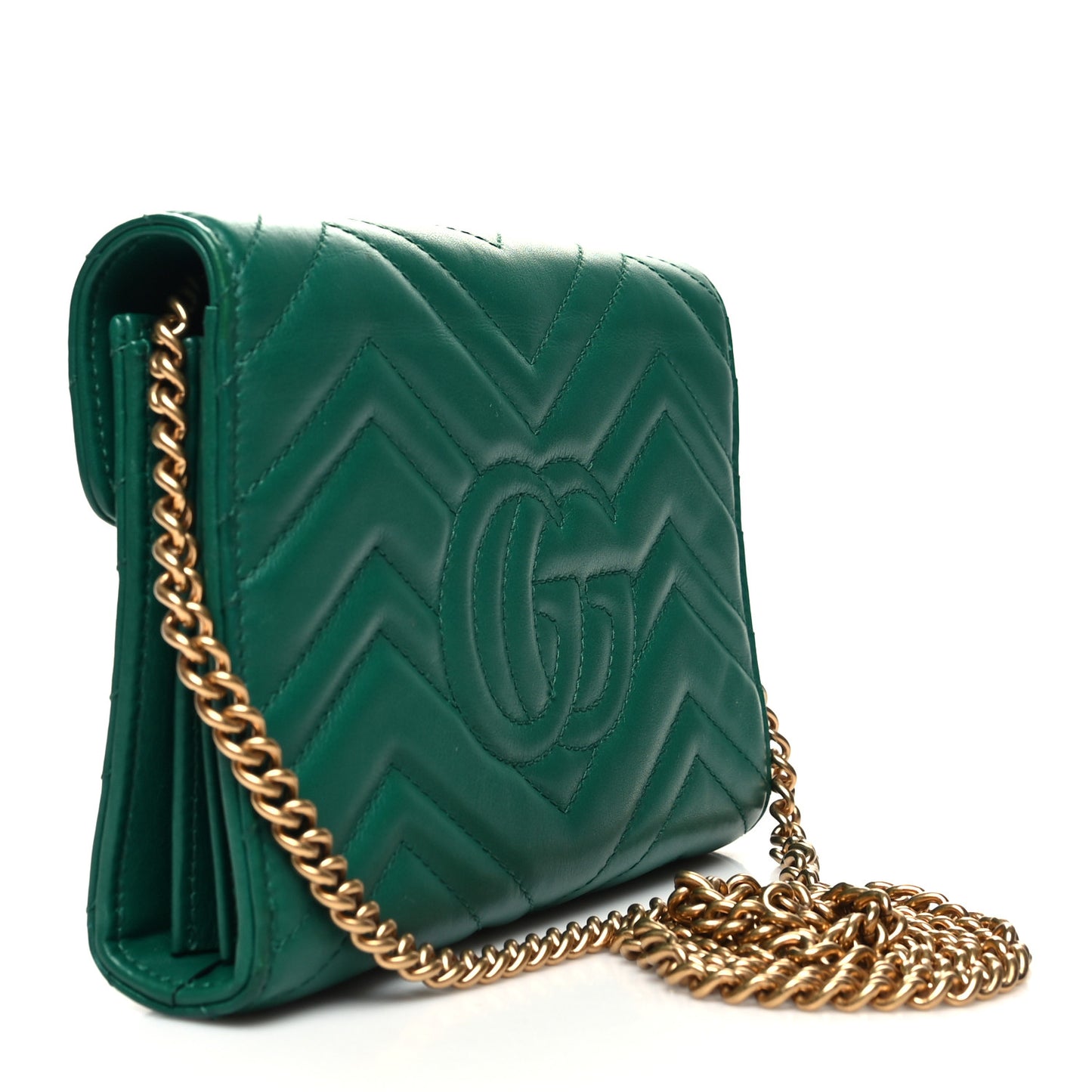 Calfskin Matelasse GG Marmont Chain Wallet Emerald Green