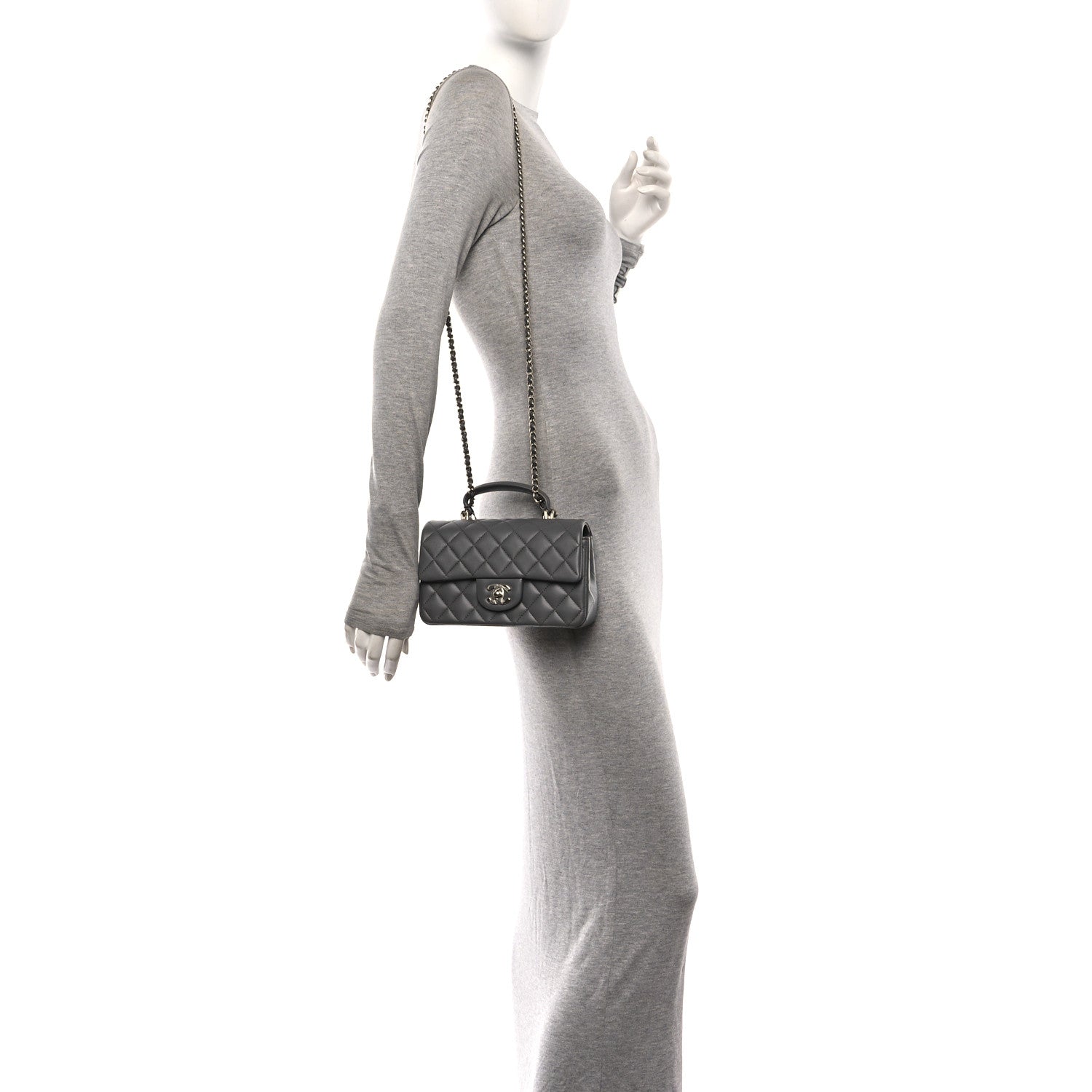 Chanel Lambskin Quilted Mini Top Handle Rectangular Flap Dark Grey 2 of 10