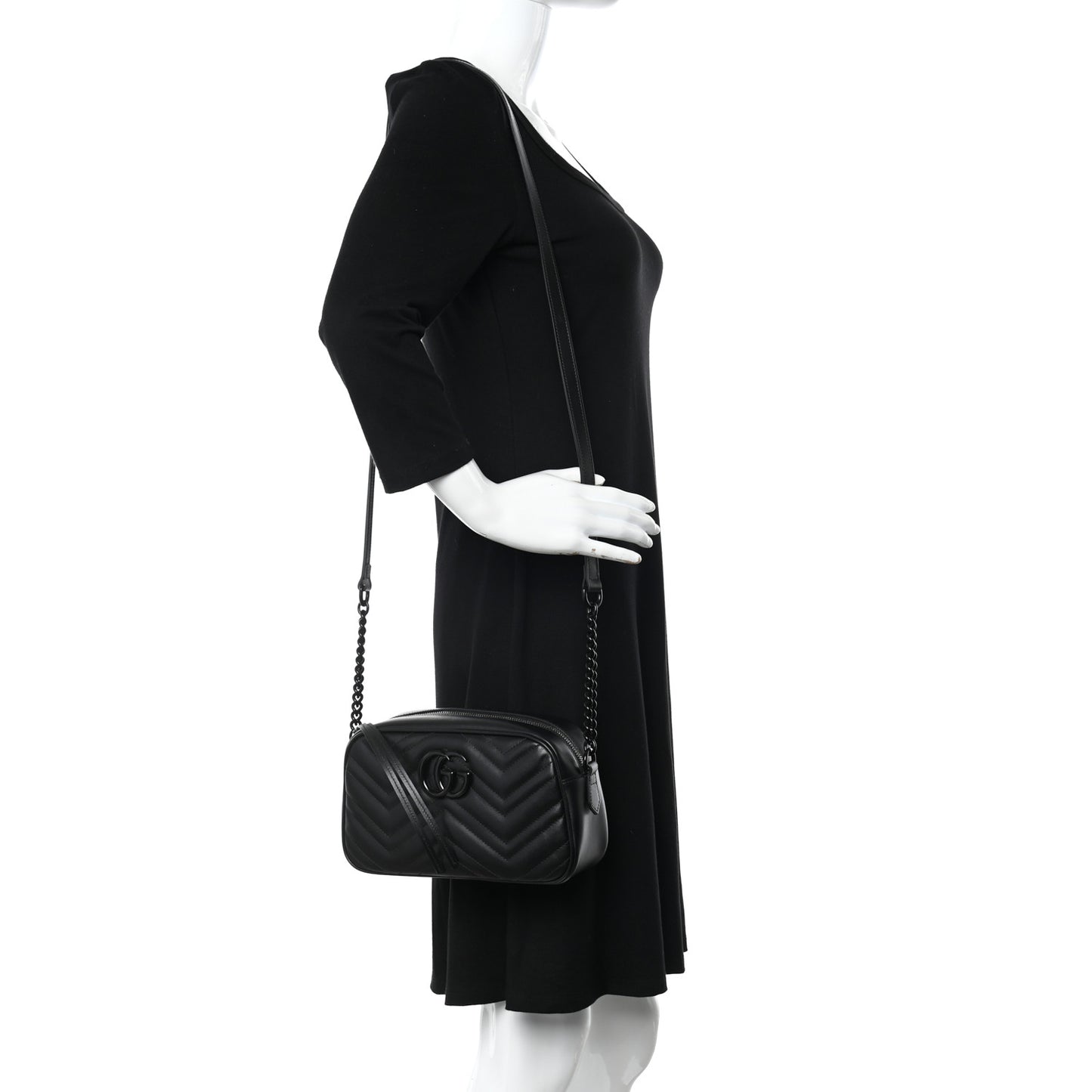 Calfskin Matelasse Monochrome Small GG Marmont Chain Shoulder Bag Black
