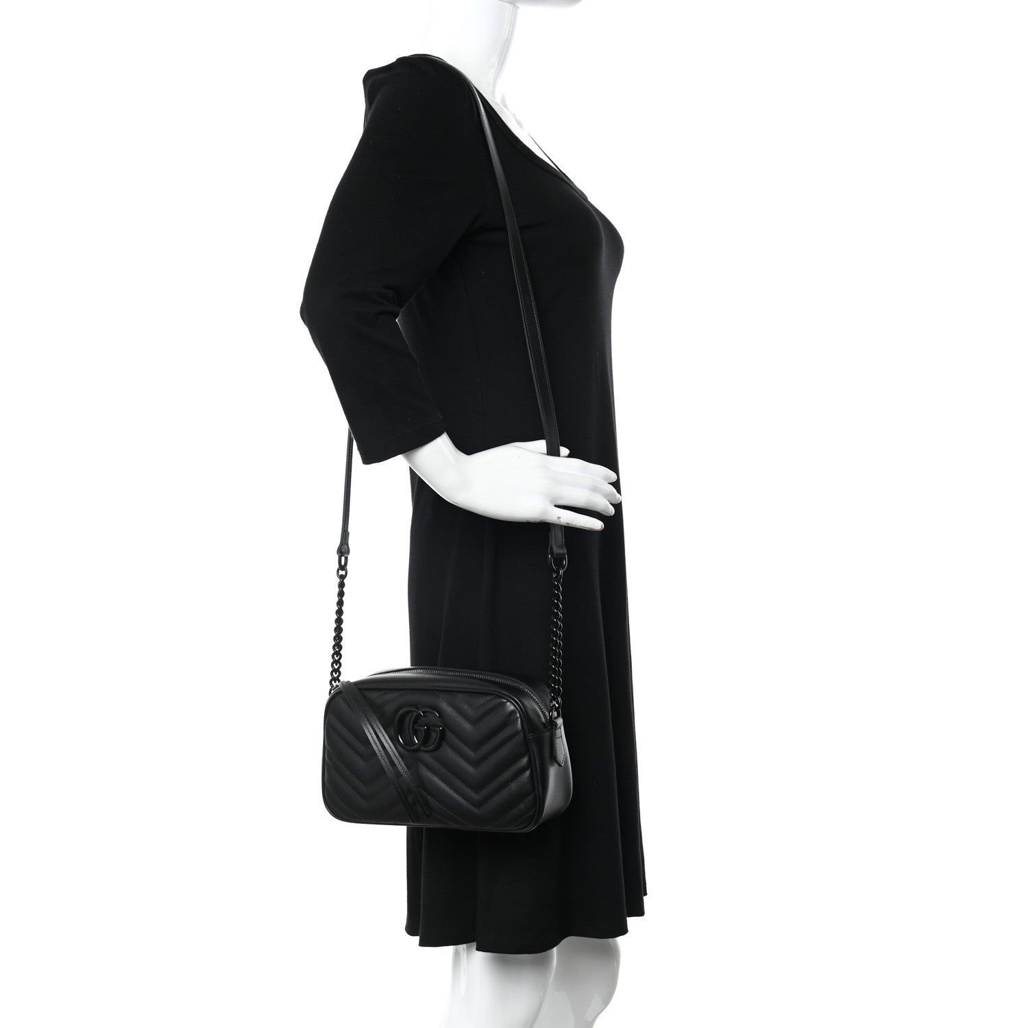 Gucci Calfskin Matelasse Monochrome Small GG Marmont Chain Shoulder Bag Black 2 of 10