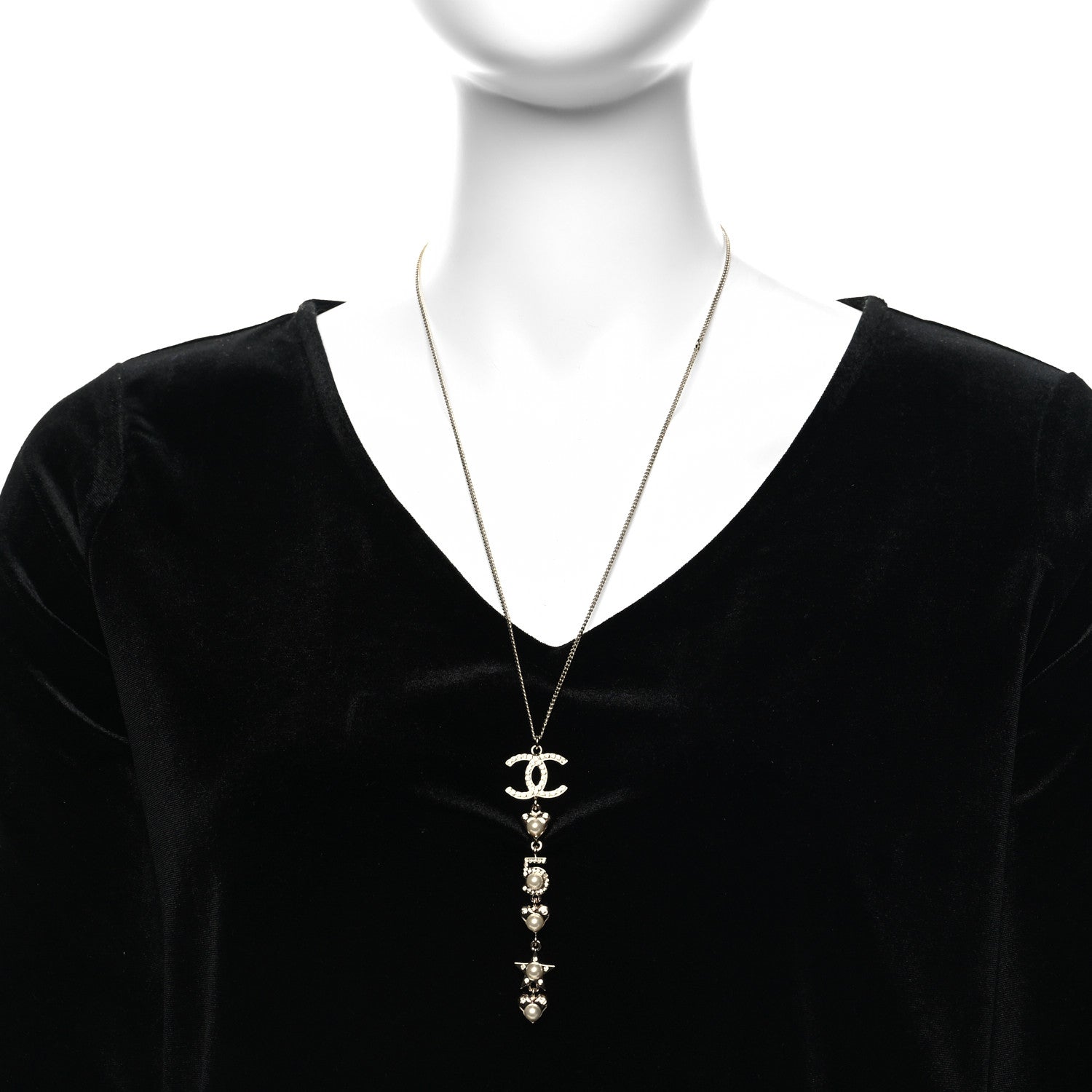 Chanel Crystal Pearl Star 5 CC Necklace Gold White 2 of 6