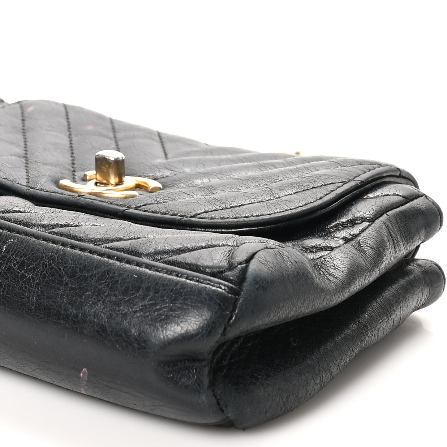 Glazed Calfskin Chevron Quilted Small Hampton Flap Black