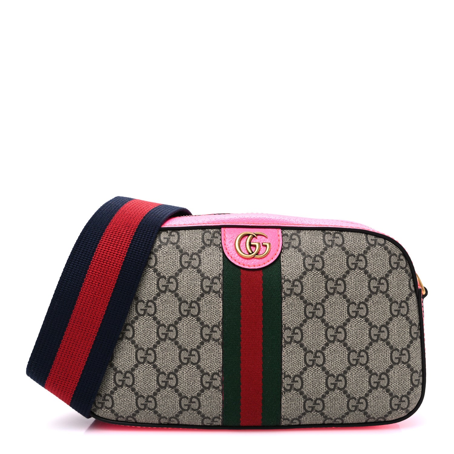 Gucci GG Supreme Monogram Textured Dollar Calfskin Web Ophidia Small Crossbody Bag Beige Ebony Fuchsia 1 of 10